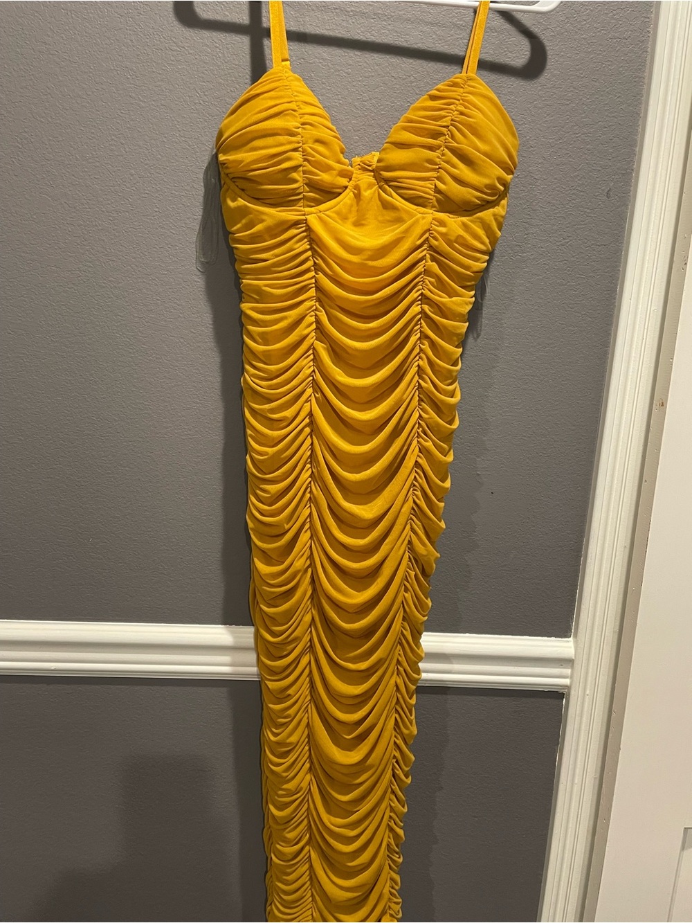 Fashion Nova Ruched Spaghetti-Strap Maxi Dress in Mustard